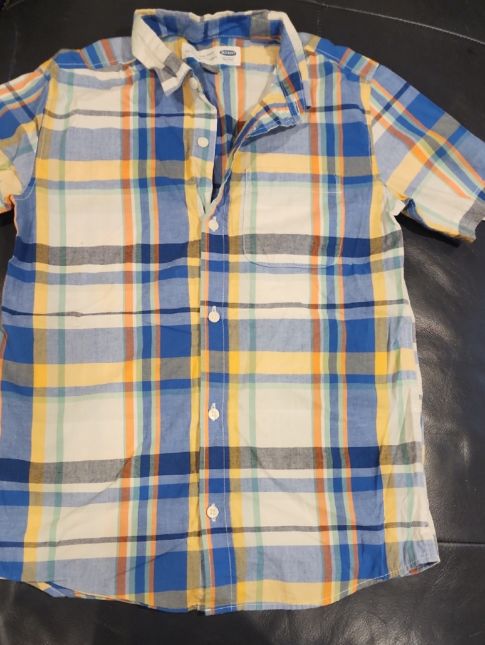 Old Navy Blue, Yellow, White & Orange Plaid Short Sleeve Button-Down